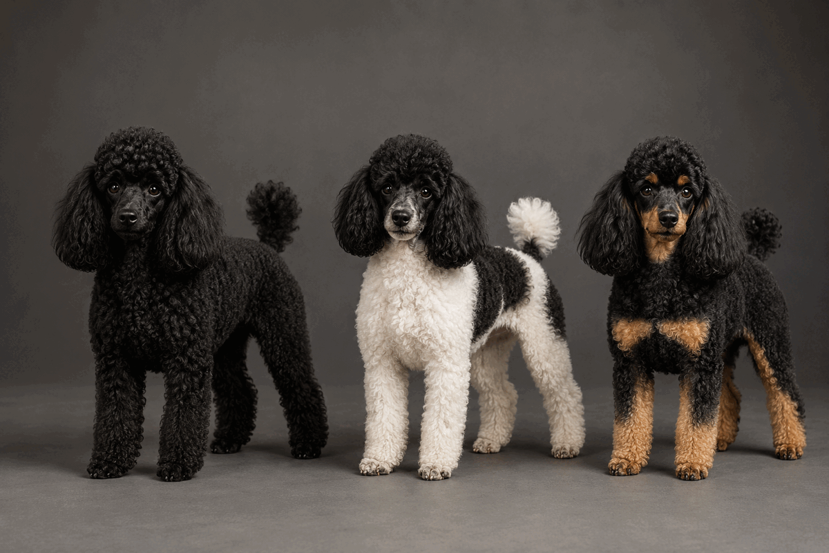 Solid black, black-and-white parti and black-and-tan phantom Miniature Poodles