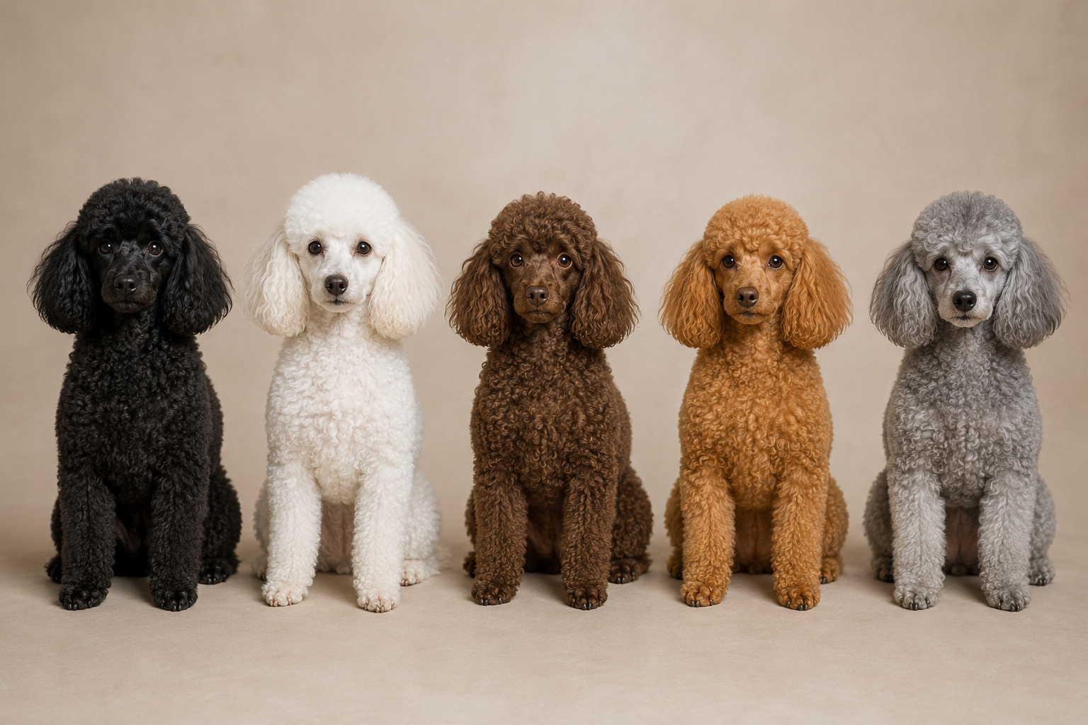 Five Poodles displaying black, white, brown, red-apricot and silver-gray solid coat colors