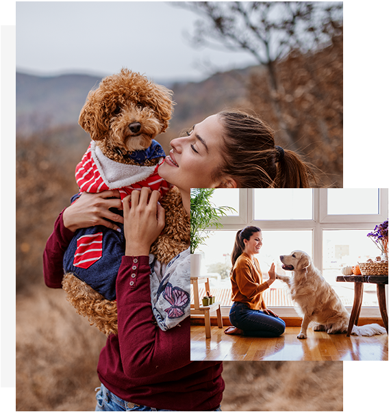 Two images of women with dogs: The larger image shows a woman outdoors, smiling and holding a fluffy brown dog dressed in a striped scarf. The smaller image shows a woman indoors, sitting on the floor and playfully interacting with a Golden Retriever.